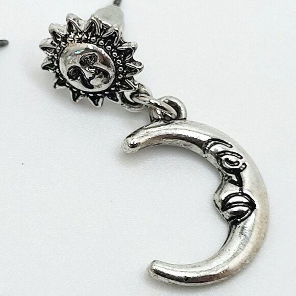 Sun & Moon Celestial Dangle Drop Post Earrings Silver Tone 1.25" Drop - Picture 3 of 5